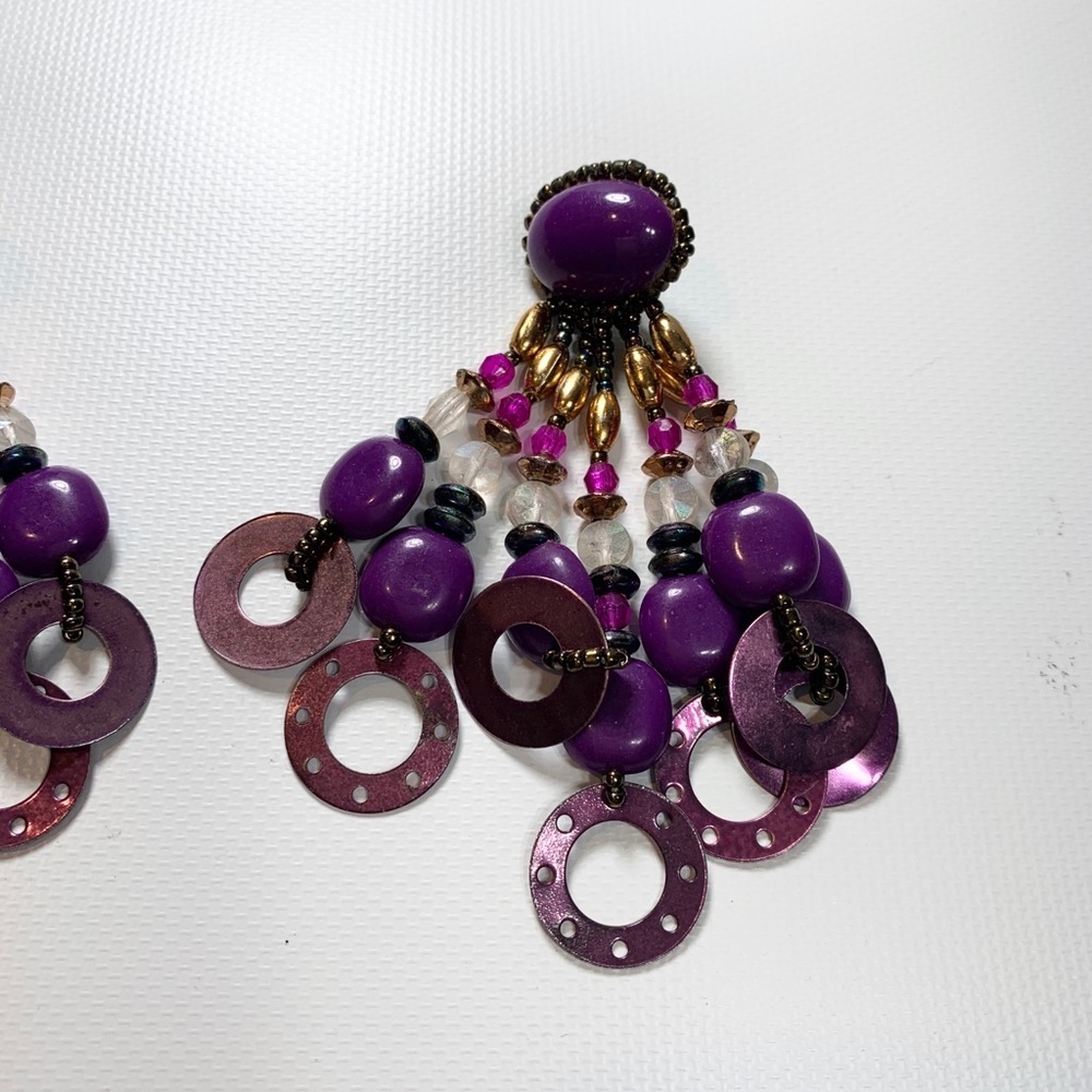 Purple Beaded Chunky Statement Earrings Sequins - Picture 4 of 8